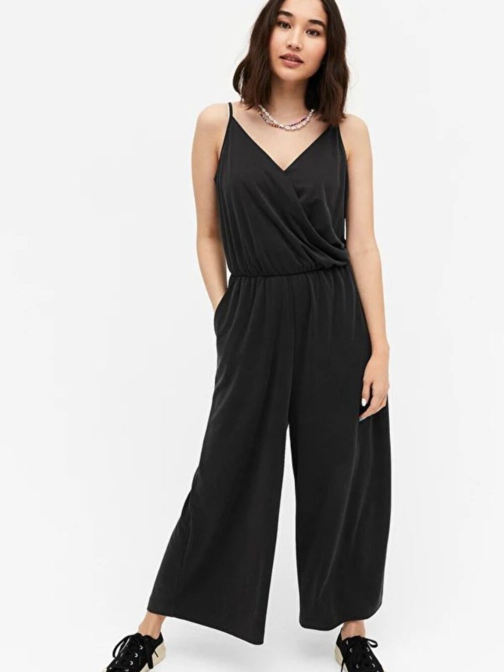 Hollister Black Sleeveless Faux Wrap Wide Leg Cropped Jumpsuit Cami Straps